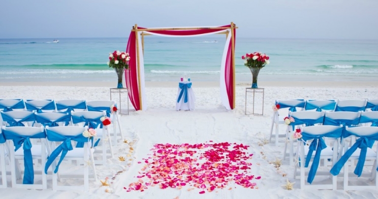 blue and pink beach wedding