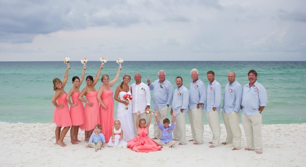 bridal party coral beach wedding