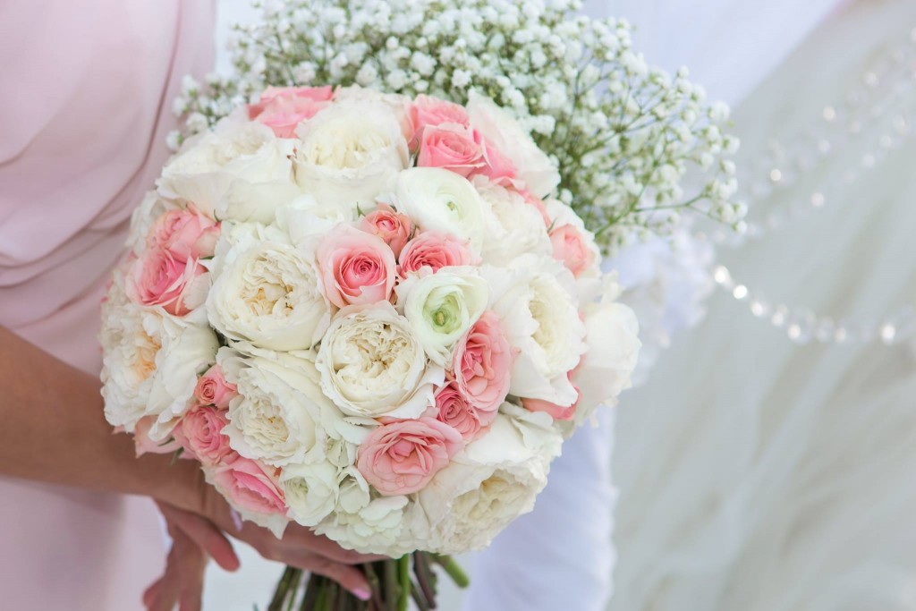 light pink bridal bouquet peonies