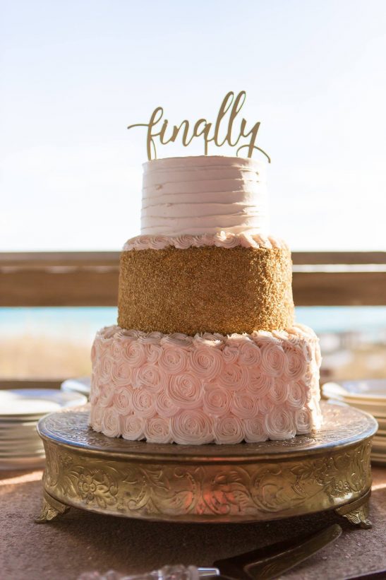 blush pink and gold cake beach wedding 